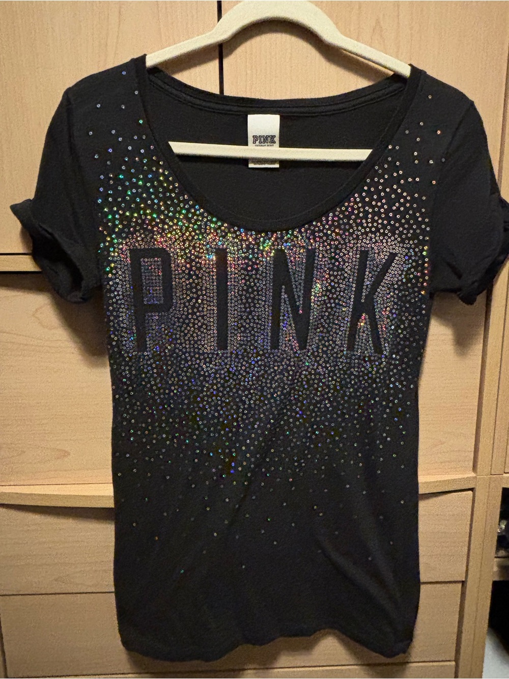 PINK Victoria's Secret Black Short-Sleeve Tee with Iridescent Rhinestone Logo